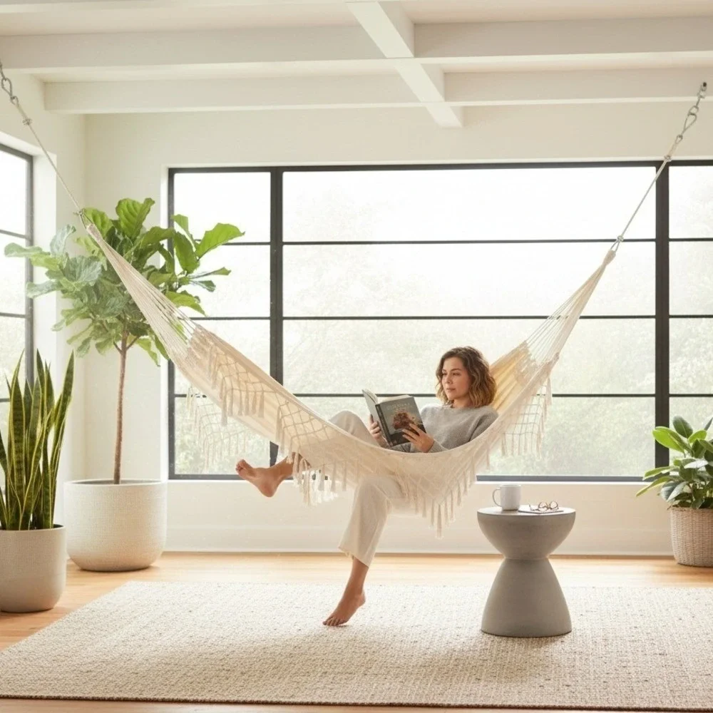 Wide Brazilian Style Fringed Hammock Boho Style Supports 250 Lbs Outdoor Indoor
